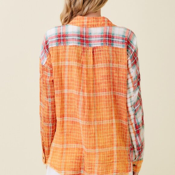 MYSTREE Plaid Button Down Shirt, Orange Multicolor Patchwork Check Top, Oversize - Picture 4 of 7